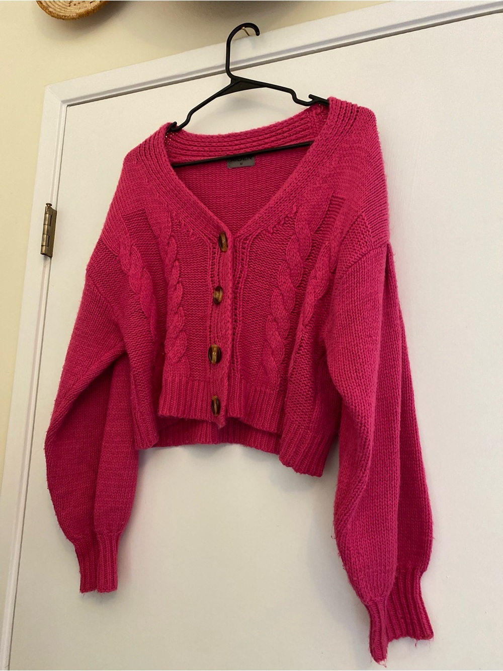 Aiden Hot Pink Cropped Cable-Knit V-Neck Cardigan